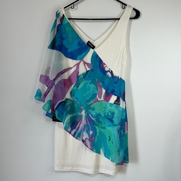 Bebe White Mini Dress with One Shoulder Asymmetric Sheer Printed Draped Cover -M - Picture 4 of 8